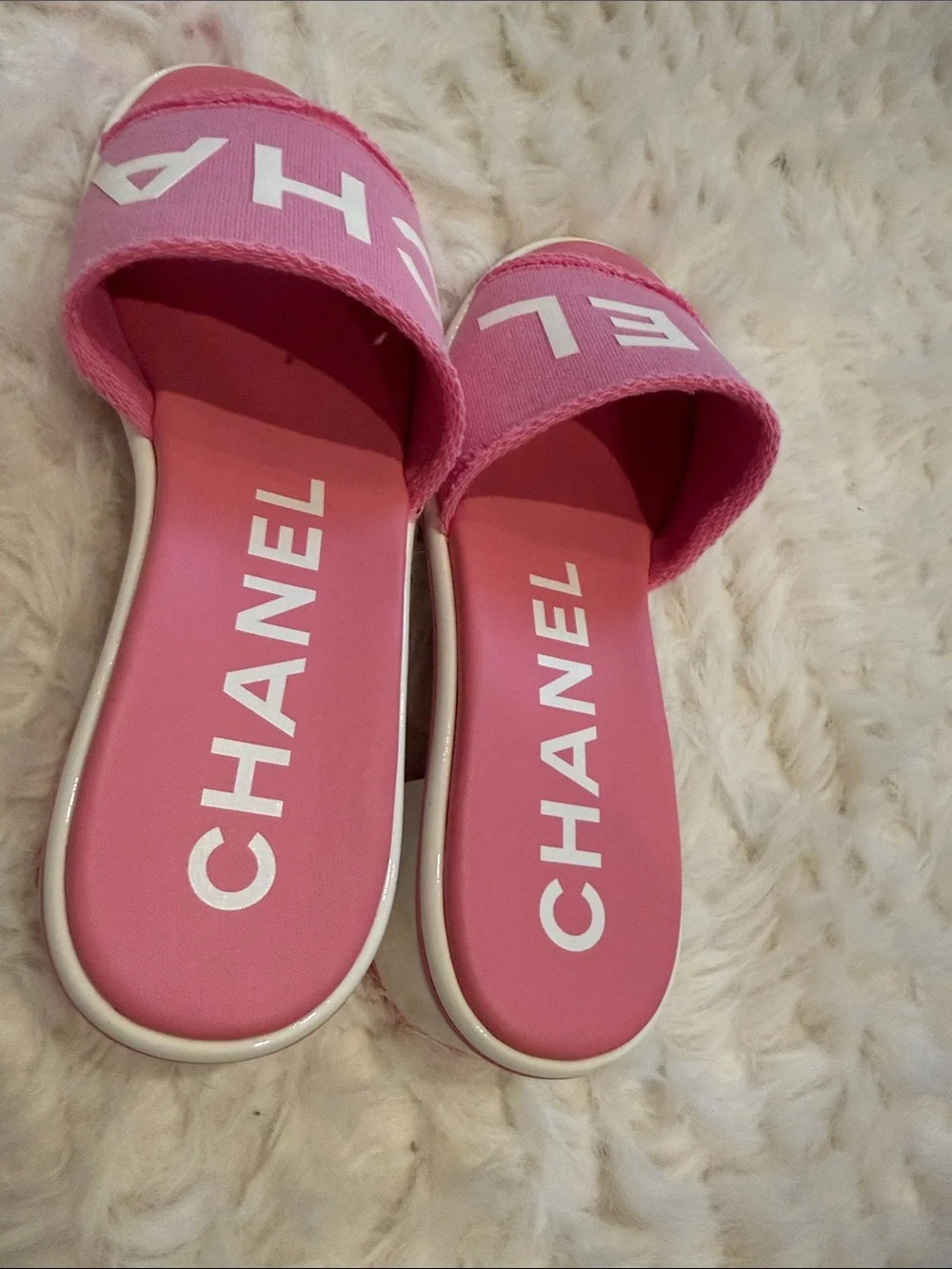 CHANEL Pink Logo Slide Sandals…